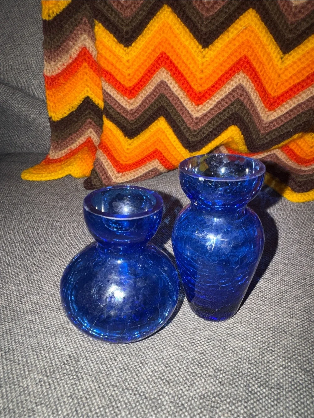 VINTAGE Cobalt Blue Crackle Glass Mini Vases Set of 2 –Mid-Century Modern
